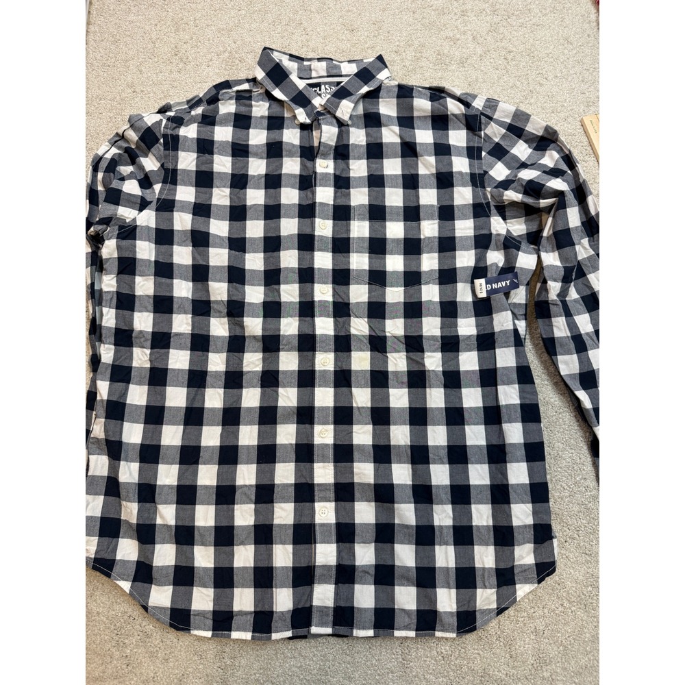 Old Navy Mens XL Classic‎ Shirt Regular Fit Gingham Navy Blue White Long Sleeve